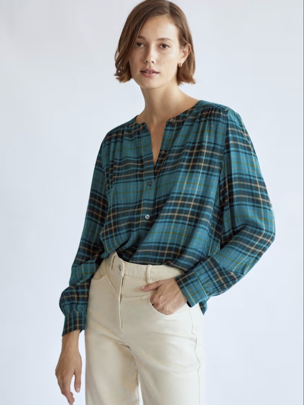 Wilfred Free Aritzia Teal Plaid Button Down Blouse Dark Academia Coquette Small